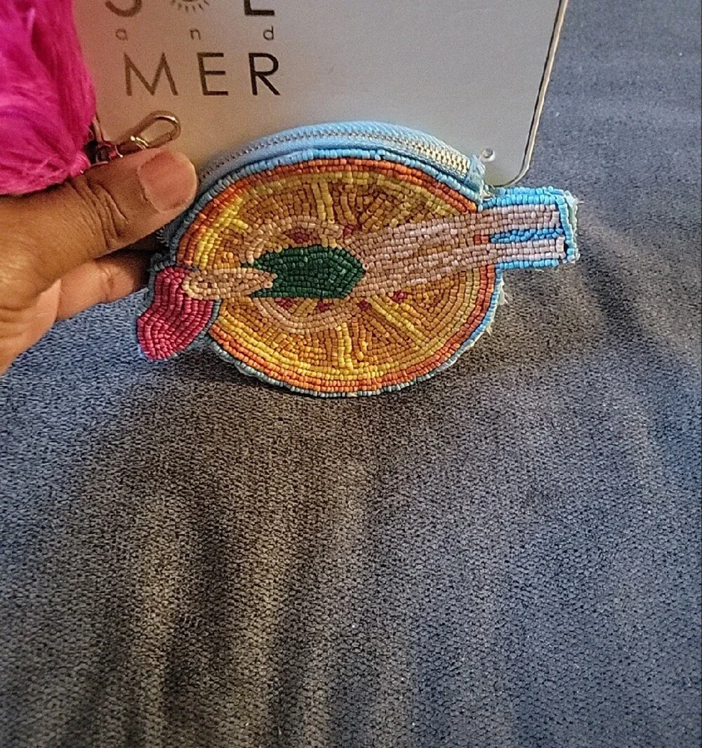 Viral India Handmade Beaded Citrus Keychain with Pink Tassel Coin Purse